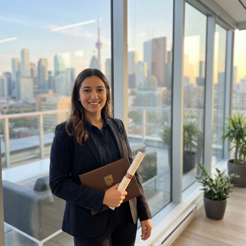 Happy graduate in a modern city office